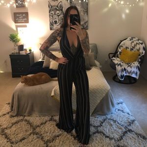 Sleeveless black and white striped romper